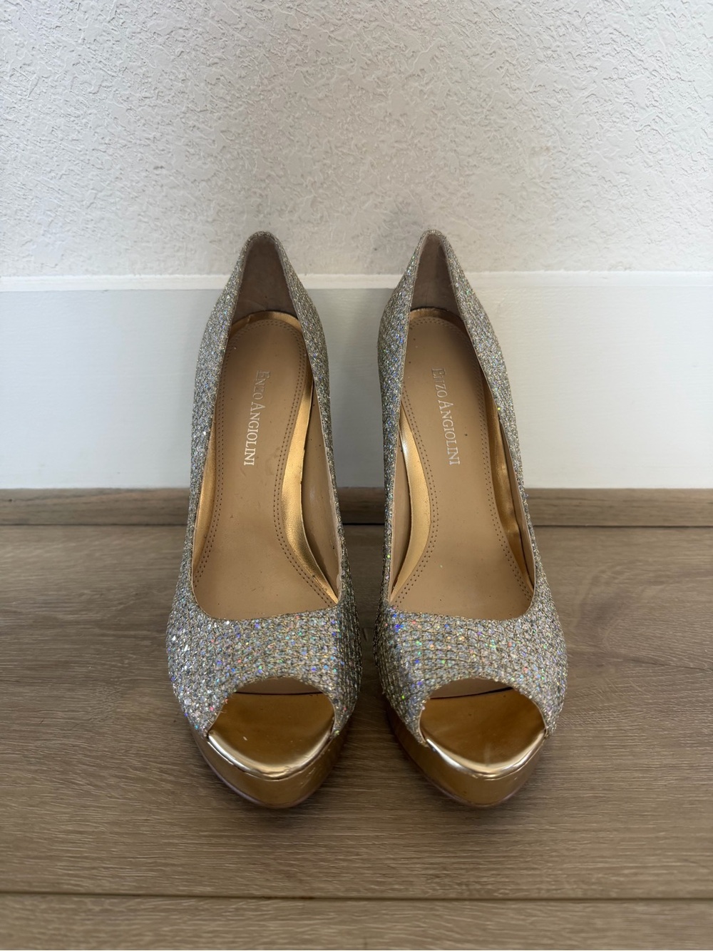 Enzo Angiolini Gold Glitter Peep-Toe Platform Heels
